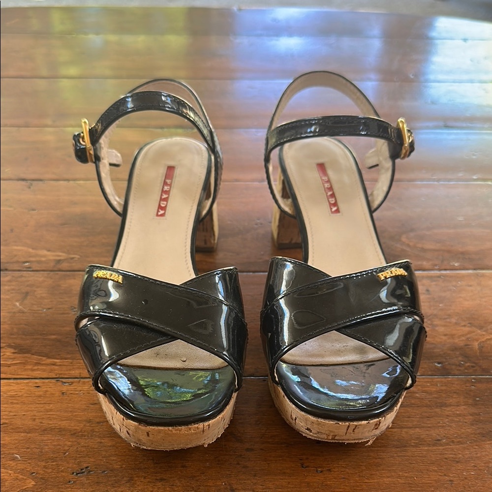 Prada Black Cork Platform Sandals with Glossy Finish and Gold Trim